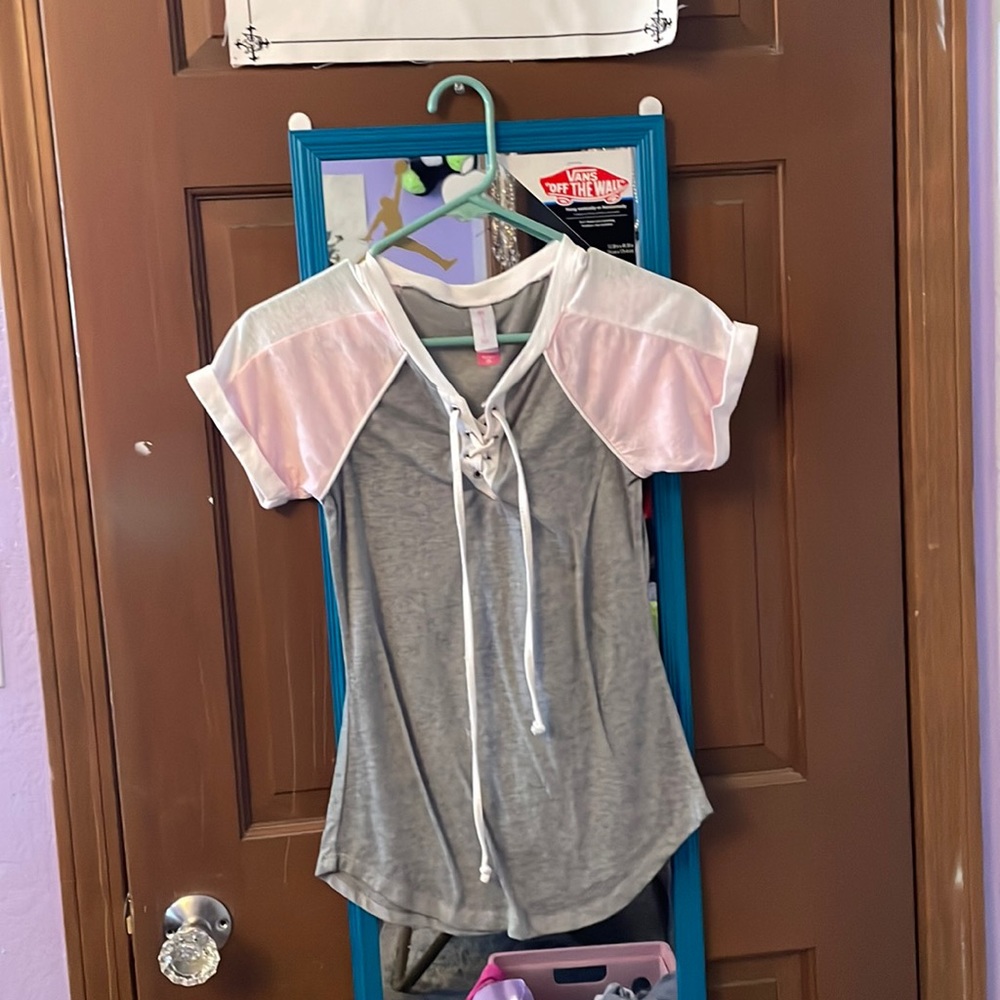 Light pink white and gray T-shirt with strings